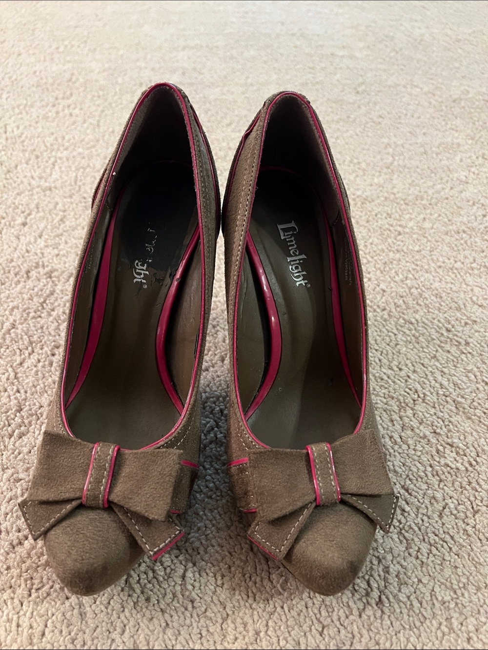 Limelight Brown Suede Peep-Toe Heels with Pink Accent EU 37